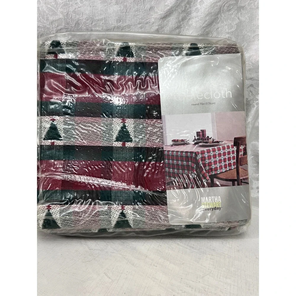 Martha Stewart Woodland Holiday Plaid Christmas Tree Round Tablecloth 70in
